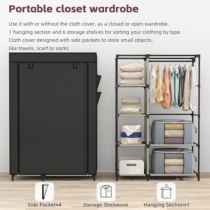 Calmootey Portable Closet, Wardrobe with 6 Shelves and Hanging Rod, Storage Organizer for Bedroom, Non-Woven Fabric Cover with 4 Side Pockets, Includes 2 Storage Bags for Clothes, Black-NeatNest