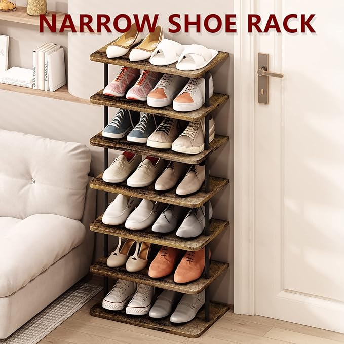 AZERPIAN Shoe Rack 7 Tier Vertical Storage Organizer Double Row Narrow Metal Slim Shelf Modern Free Standing Shoe Tower Saving Space for Closet Entryway Bedroom,Black+Rustic Brown-NeatNest
