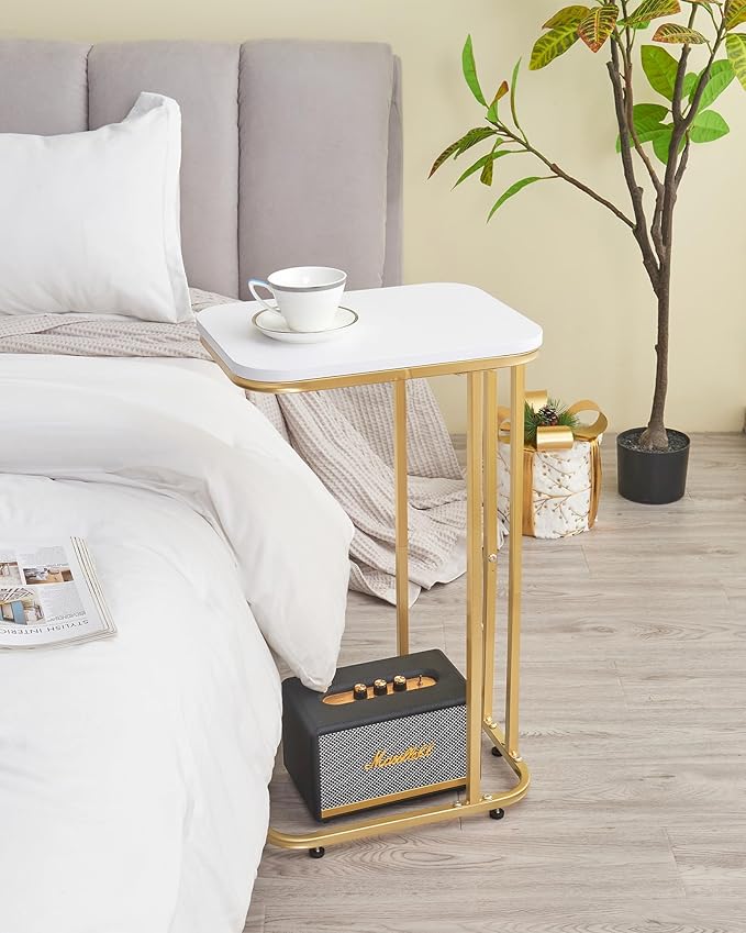 C Shaped End Table, 27 inches High Side Table for Couch Sofa Bed, Small Tv Tray, for Living Room, Bedroom, Metal Frame, Gold & White