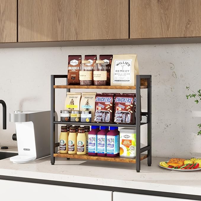 IBUYKE 3-Tier Spice Rack Industrial Counter Shelf Desktop Storage Organizer Standing Seasoning Rack for Countertop Kitchen Office Living Room Desktop Rustic Brown UTLJ021H-NeatNest