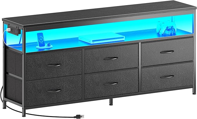 Huuger LED TV Stand for Bedroom, 55 Inch Fabric Dresser with Power Outlets, Entertainment Center for 60, 55, 50 Inch TV, 6 Drawer Dresser for Bedroom, Chest of Drawers with Shlef, PU Leather, Black-NeatNest
