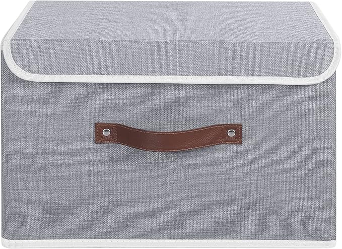 ANMINY Storage Bin with Lid Storage Boxes with PU Leather Handles PP Plastic Board Decorative Foldable Lidded Cotton Linen Fabric Home Cubes Baskets Closet Organizer Container - Gray, Large Size-NeatNest