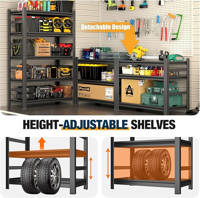 Heavy Duty Commercial Metal Garage Shelving Rack,Adjustable Industrial Steel Storage Shelves for Warehouse, Garage, Basement, 87" H x 47.2" W x 23.6" D, Black-NeatNest