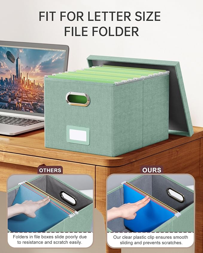 4 Pack File Storage Organizer, Document Organizer, Portable File Box with Lid, Fit for Letter/Legal File Folder Storage,Green-Box only