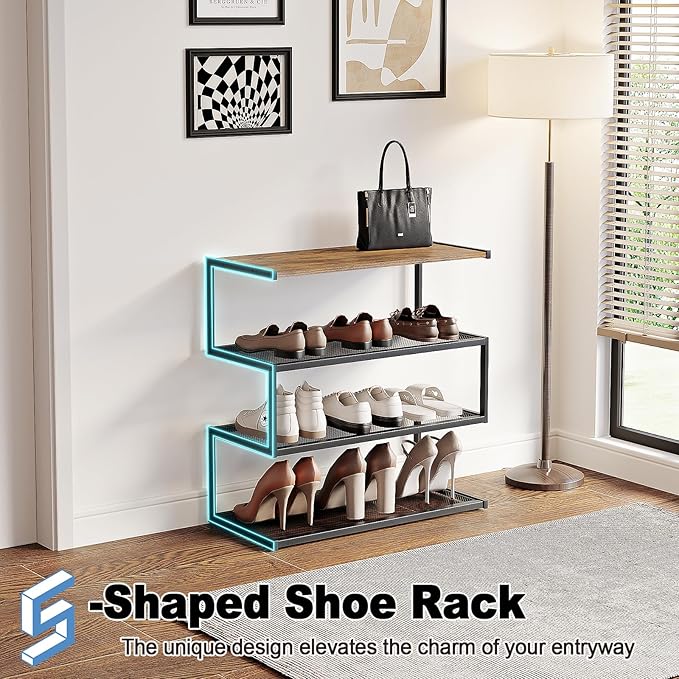 Shoe Rack, Unique 5-Shaped Free Standing Shoe Shelf, 4-Tier Wooden Shoe Organizer with Wooden Top and Steel Frame for Front Door Entrance, Entryway, Hallway, 24.41" D x 11.02" W x 23.23" H-NeatNest