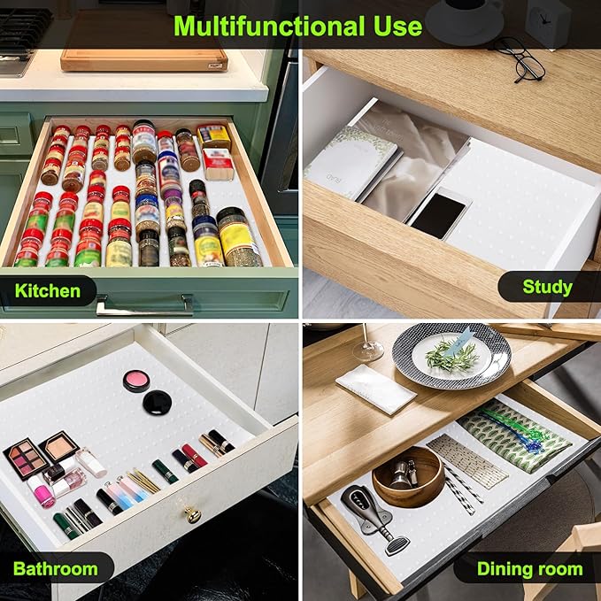 Gosmol Spice Drawer Organizer insert, Adjustable & Non-Slip Silicone Spice Drawer Liner, in Drawer Spice Organizer for Seasoning Jars and Spices Bottles -White-NeatNest