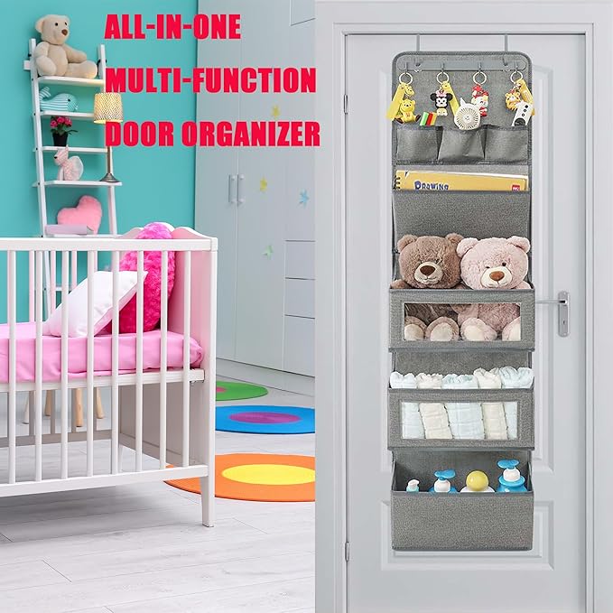 VICTORICH All-IN-ONE Over the Door Organizer, Super Behind the Door Storage Organizer with Door Rack and Large Clear Windows, Wall File Organizer, Hanging Organizer (New Linen Gray)