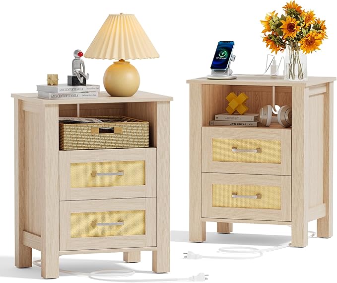 JUMMICO 26.18" End Table with Charging Station and Rattan Drawers, Farmhouse Nighstand, Wooden Storage Bedside Table, Living Room, Bedroom(2, Light Oak)
