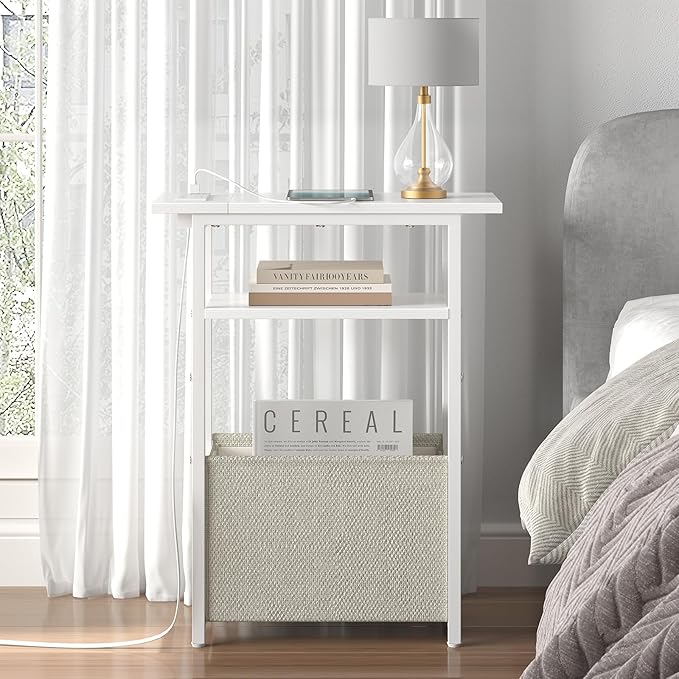 Narrow Side Table with Charging Station Set of 2, Small End Table for Small Spaces, Skinny Nightstands Set 2 with Storage Basket, 3 Tier Sofa Bedside Tables for Living Room,Bedroom, White