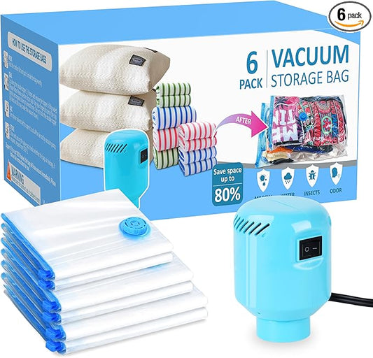 Vacuum Seal Bags for Clothing with Electric Pump, 6 Pack (2 Jumbo 2 Large 2 Medium Vacuum Storage Bags) Space Bags Vaccine Vacuum Sealed Storage Bags for Travel Luggage Blankets Bedding-NeatNest