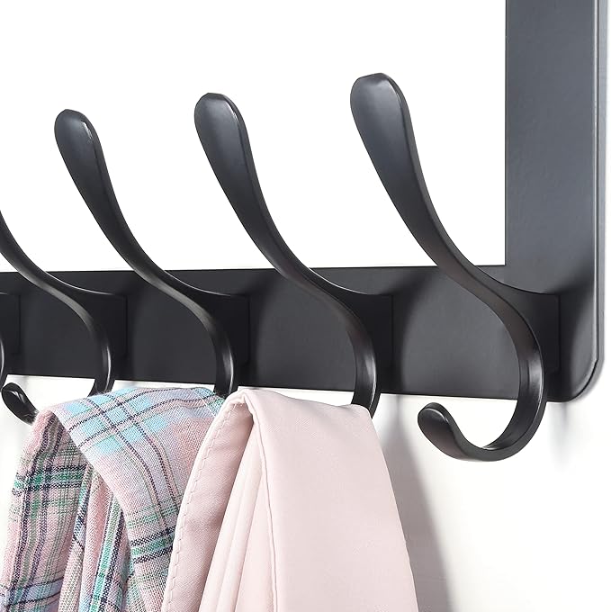 SKOLOO Over The Door Hooks - for Doors up to 4.5cm Thick, No Assembly Required, Stainless Steel Door Hanger with 6 Hooks, Over The Door Hanger for Coats Clothes Hat Towel Jacket, Black