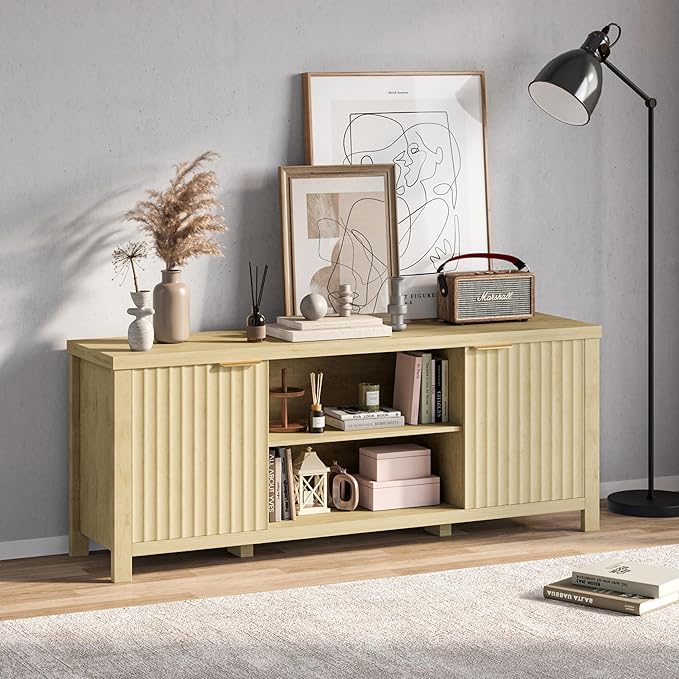 Fluted TV Stand for TVs up to 65'',Mid Century Modern Entertainment Center with Adjustable Shelves, Wood Media TV Console Cabinet with Fluted Doors for Living Roon Bedroom Natural LTV90Y-NeatNest