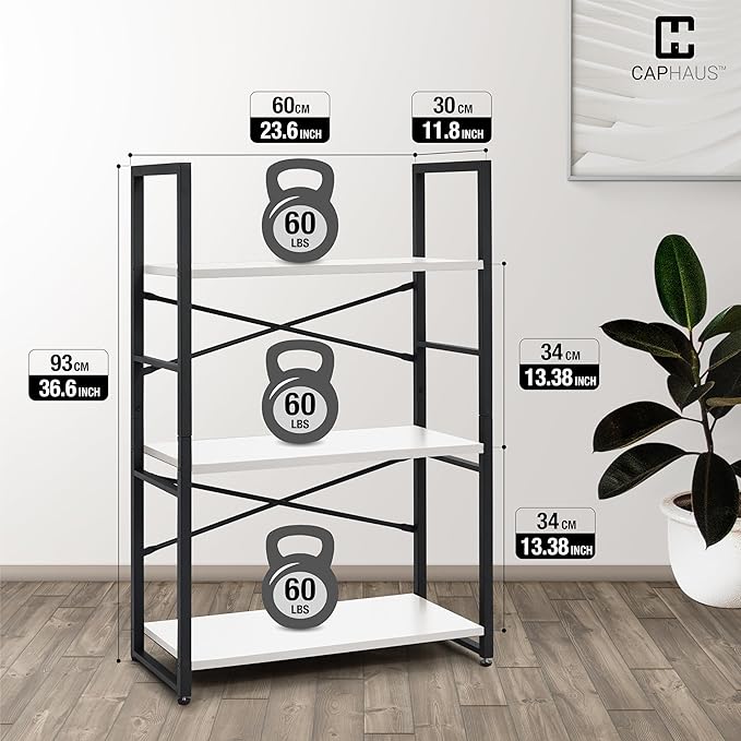 CAPHAUS 3 Tier Small Bookshelf, 24 Inch Width Free Standing Shelf, Bookcase Shelf Storage Organizer, Industrial Book Shelves for Home Office, Living Room, White Shelves & Metal Frame-NeatNest