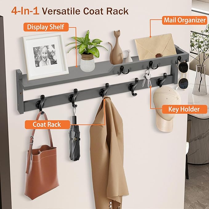 29'' Coat Rack Wall Mount with Shelf, Coat Hanger with Key Hooks and Mail Holder, Wood Entryway Wall Floating Shelf with Hooks and Storage, Hat Rack Key Holder Mail Organizer
