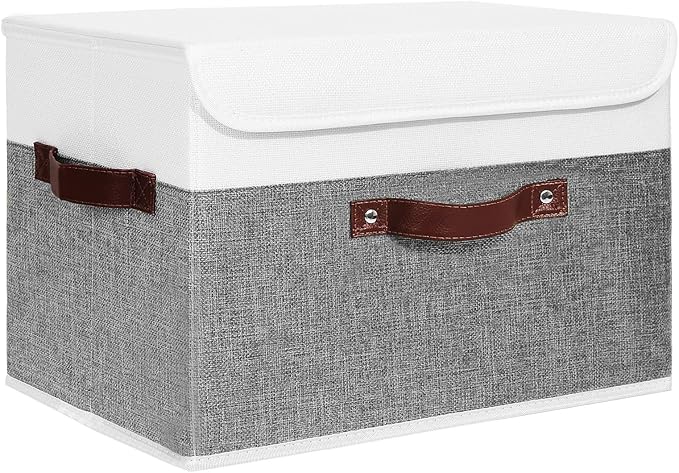 ANMINY Storage Boxes with Lids Washable Decorative Storage Bins Basket with PU Leather Handle Foldable Linen Fabric Storage Cubes Containers for Home Closet Organizer - Gray White, Large Size-NeatNest