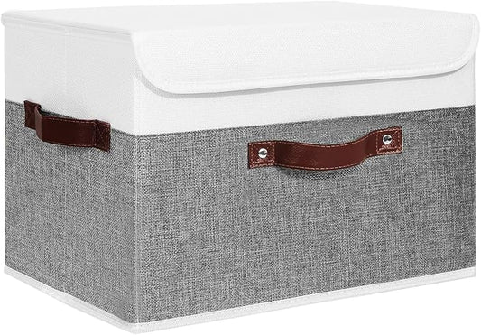 ANMINY Storage Boxes with Lids Washable Decorative Storage Bins Basket with PU Leather Handle Foldable Linen Fabric Storage Cubes Containers for Home Closet Organizer - Gray White, Large Size-NeatNest