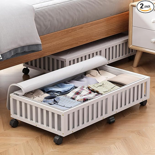 Bamboo Under Bed Storage Containers with Wheels, 2 Pack Large Under the Bed Shoe Storage Bins, Wood Rolling Underbed Drawers Organizer for Bedroom Closet Clothes Blanket Under Crib Toy White-NeatNest