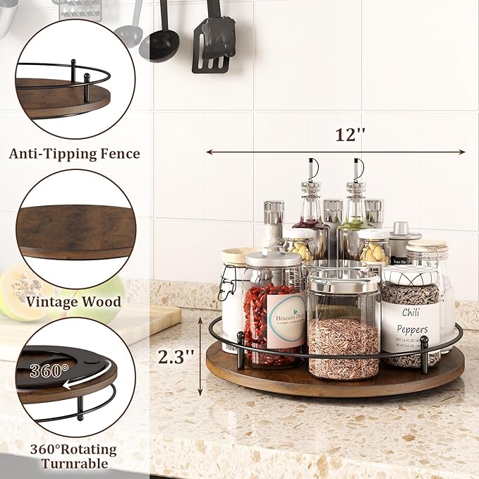 12" Lazy Susan Turntable Organizer,Round Wooden Lazy Susan Organization and Rotating Spice Rack for Dining Table,Pantry,Kitchen Countertop,Vanity,Cupboard and More.Vintage Wood(Round)-NeatNest