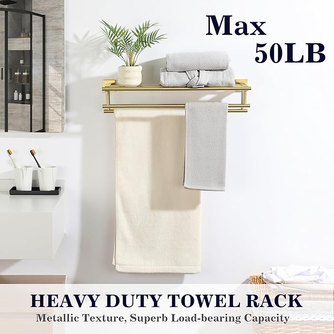 Alise Double Towel Rack for Bathroom,24 in Bathroom Tower Holder Towel Shelf with Double Towel Bars Wall Mount,SUS304 Stainless Steel Towel Hanger Double Tower Bar for Bathroom Wall,Brushed Gold