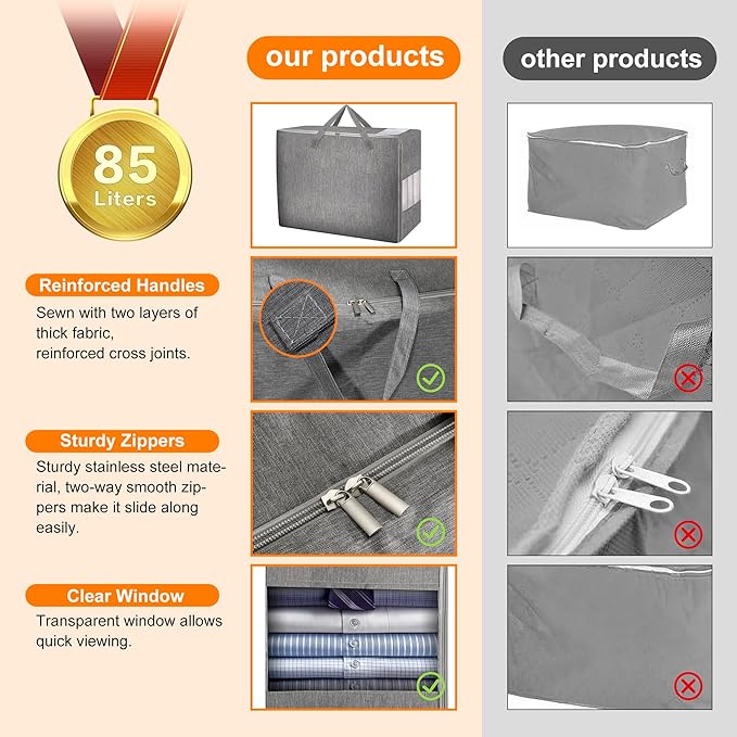 2 Pack 85L Comforter Storage Bags, Extra Large Bedding Storage Bags with Category Card and Clear Window, Reinforced Handles & Zippers, Foldable Closet Organizers for Blanket Pillow-NeatNest
