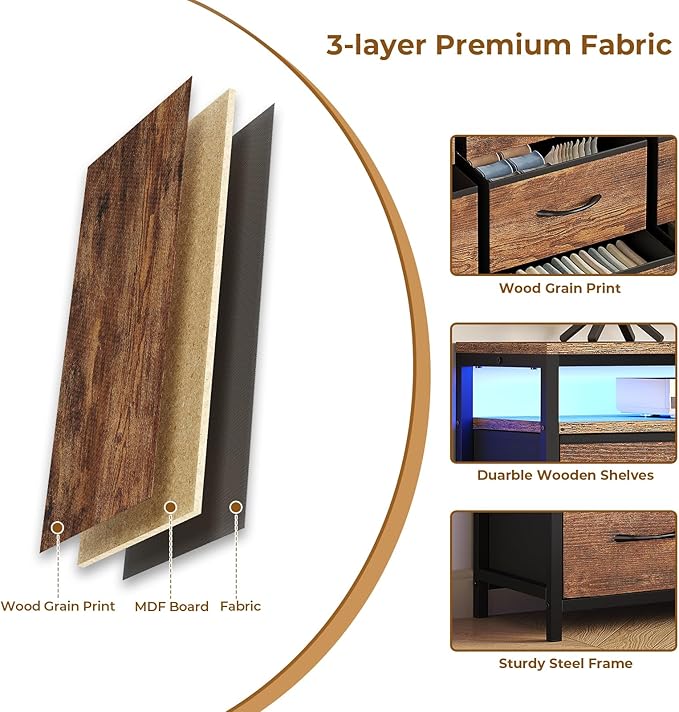 60 inch TV Stand Dresser for Bedroom with LED Lights & Charging Station, 9 Fabric Drawers, Entertainment Center with Drawers & Open Shelves for Living Room, Bedroom, Rustic Brown-NeatNest
