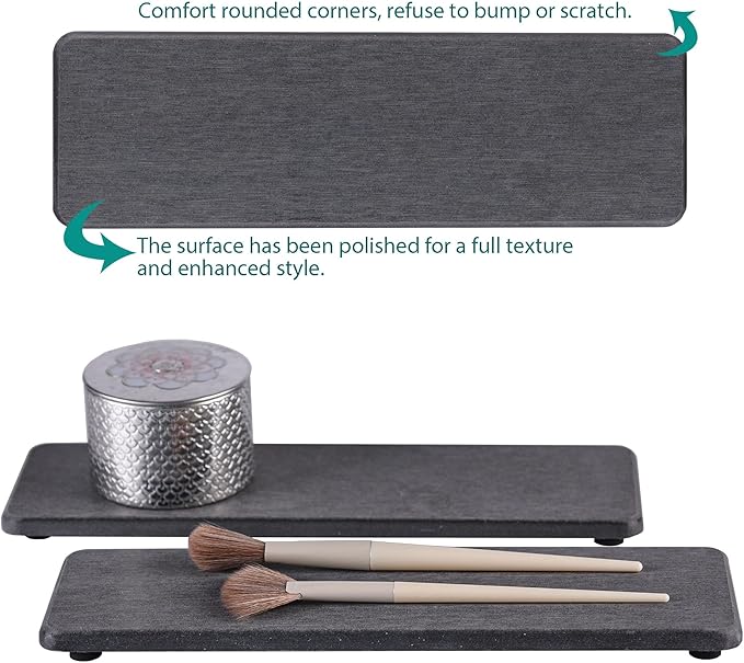 2 Pcs Water Absorbing Stone Trays, Kitchen/Bathroom Sink Soap Dish, Diatomite Tray Used for Hand Soap & Cosmetic Bottles in The Modern Home, 3.2" W x 10.2" L, Dark Gray-NeatNest