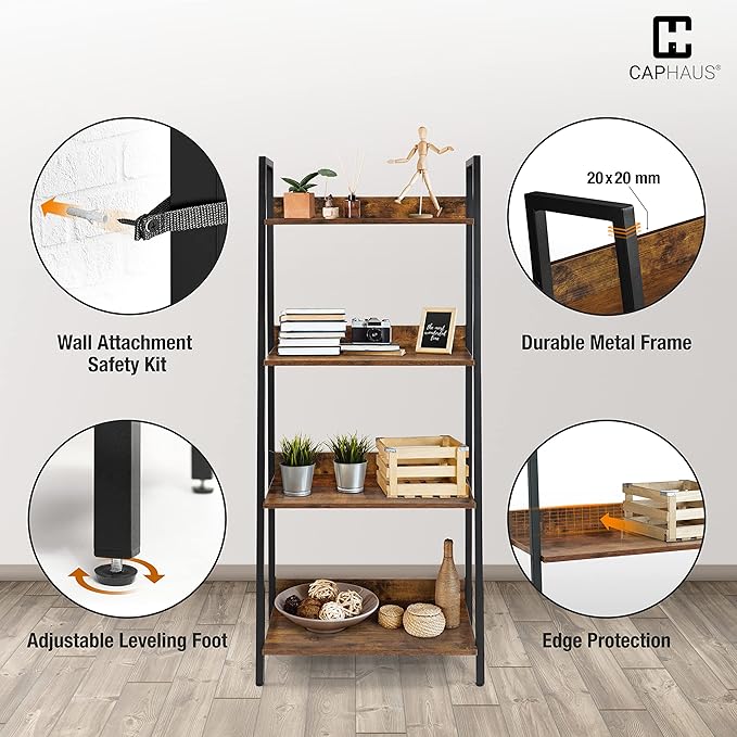 CAPHAUS 4 Tier Ladder Bookshelf, 24 Inch Width Free Standing Shelf, Bookcase Shelf Storage Rack Organizer, Industrial Book Shelves for Home Office, Living Room, Kitchen, Rustic Oak, Vintage Shelves-NeatNest