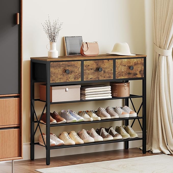 4-Tier Shoe Rack with 3 Drawers, Metal Shoe Organizer for 15 Pairs with Storage Shelves and Wooden Top, for Entryway, Hallway, Foyer, Closet, Rustic Brown and Black SS34BR-NeatNest