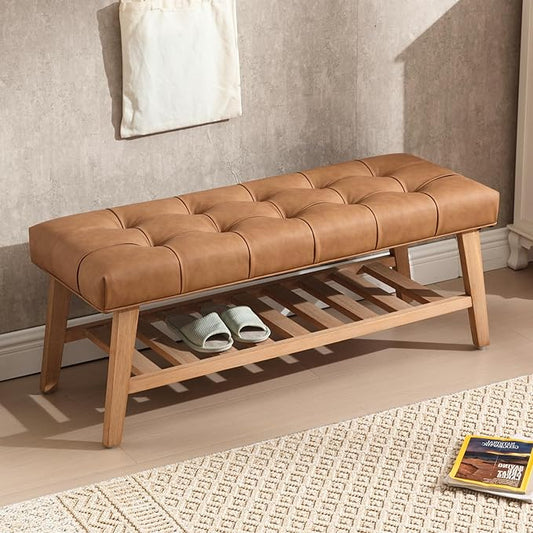 Entryway Shoe Bench Storage Benches with Upholstered Button Tufted Seat and Open Slatted Shelf PU Leather Ottoman Bench for Hallway Living Room Bedroom End of Bed, Brown-NeatNest