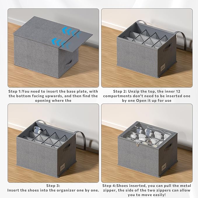 2 Pack Shoe Organizer for Closet - Shoe Storage Bins with Clear Cover, Fabric Shoe Storage Containers with Reinforced Handles, Fits up to 24 Pairs (Grey, 16.5 * 12.6 * 12.2in)-NeatNest