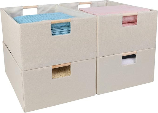 ANMINY 4PCS Storage Baskets for Organizing Collapsible Fabric Storage Bins Boxes with Wood Handles Closet Shelves Cube Organizer Bins Clothes Laundry Storage Container - Large, Beige-NeatNest