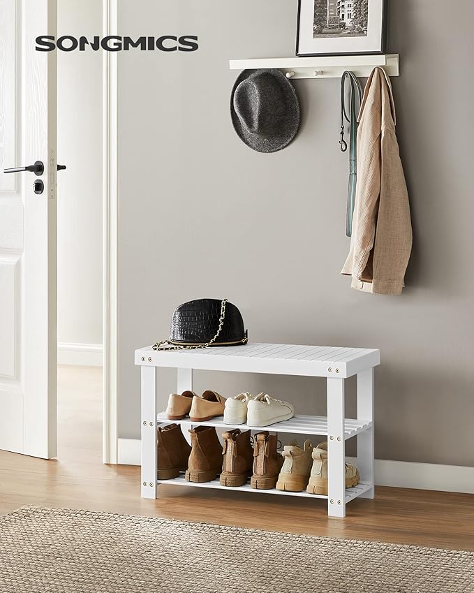SONGMICS Shoe Rack Bench, 3-Tier Bamboo Shoe Storage Organizer, Entryway Bench, Holds Up to 286 lb, 11.3 x 27.6 x 17.8 Inches, for Entryway Bathroom Bedroom, Cloud White ULBS004W01-NeatNest