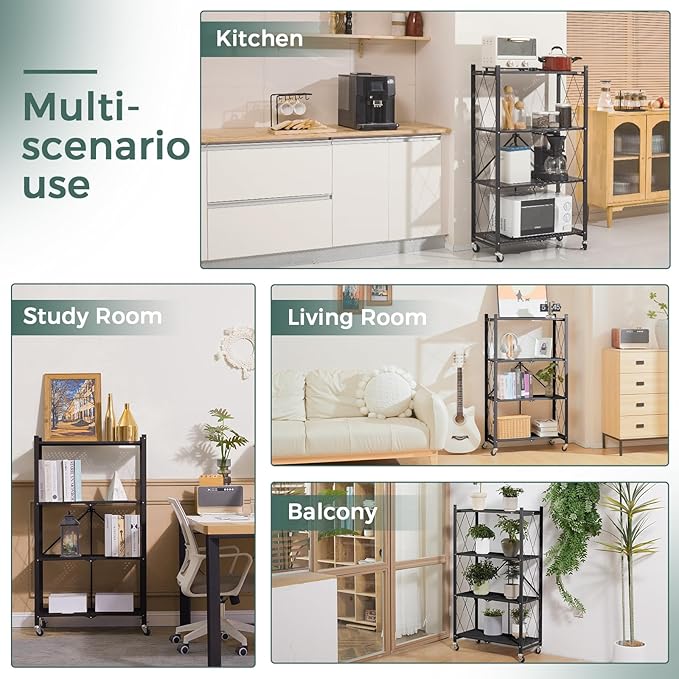 DEANIC 4 Tier Foldable Storage Shelves with Wheels, Large Capacity Shelving Unit, Freestanding Metal Wire Shelf Rack, No Assembly Organizer Rack for Garage Kitchen, Basement, Pantry(Black)-NeatNest