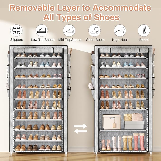 VTRIN Tall Shoe Rack with Cover, 10 Tier Shoe Organizer Storage for 50-55 Pairs Shoes and Boots Large Capacity Shoe Shelf with 8 Pockets Free Standing Shoe Rack for Closet, Entryway, Garage, Printing-NeatNest