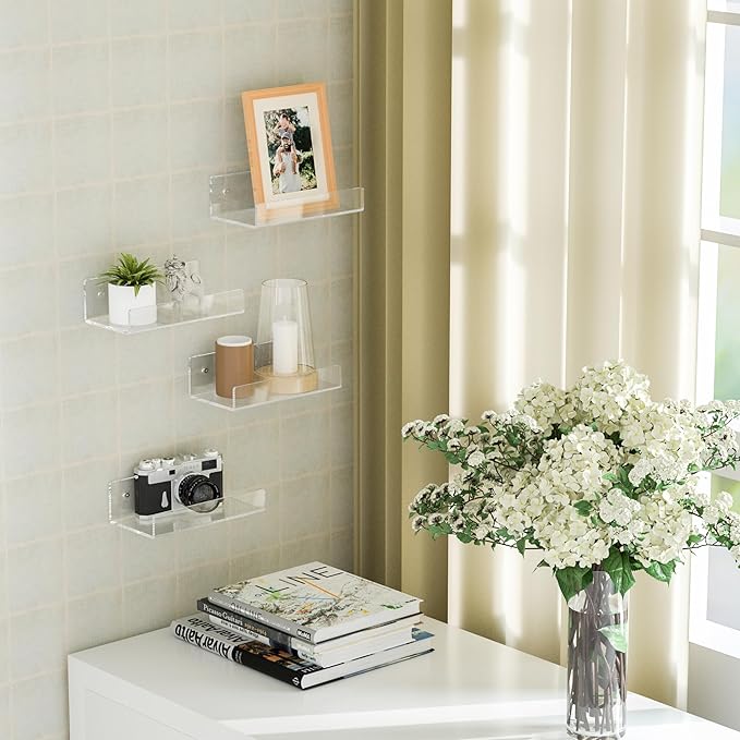 7'' Clear Acrylic Wall Shelf 2 Pack, Acrylic Floating Shelves, Acrylic Small Shelf for Books, Home Décor, Digital Clock, Speaker, Wine Bottle-NeatNest