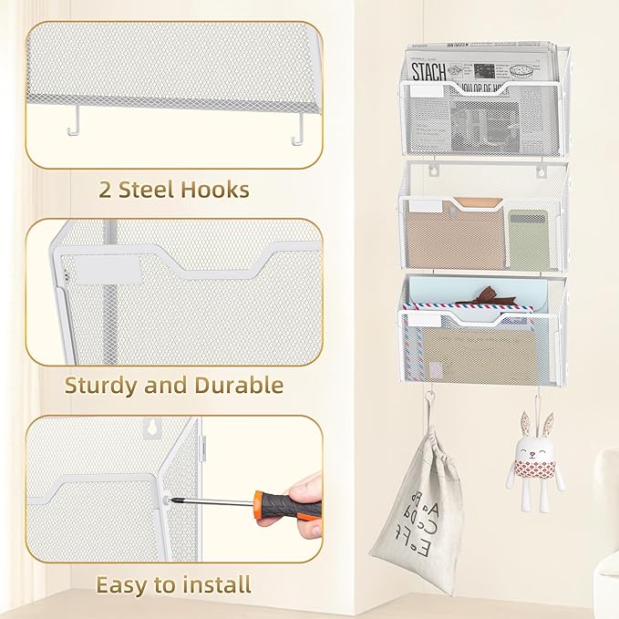 Docnest 6 Pack Hanging Wall File Holders, Mesh Wall Letter File Holder, Wall Mounted Mail Paper Document Folder Holder with Hooks for Office, Home, School, White