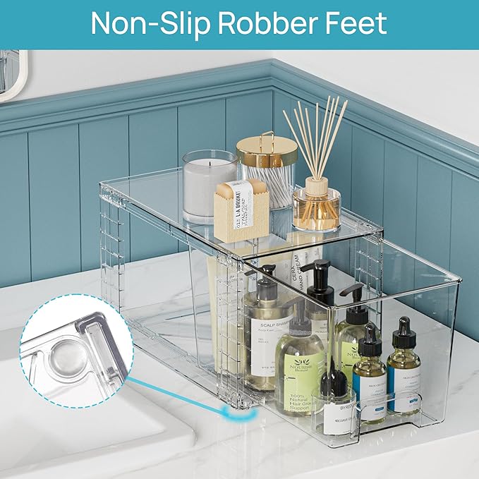 Vtopmart 3 Pack Clear Stackable Storage Drawers,Easy to Assemble Bathroom Organizers and Storage with handles,Plastic Drawers for Kitchen Pantry,Cabinet,Under Sink Organization-NeatNest