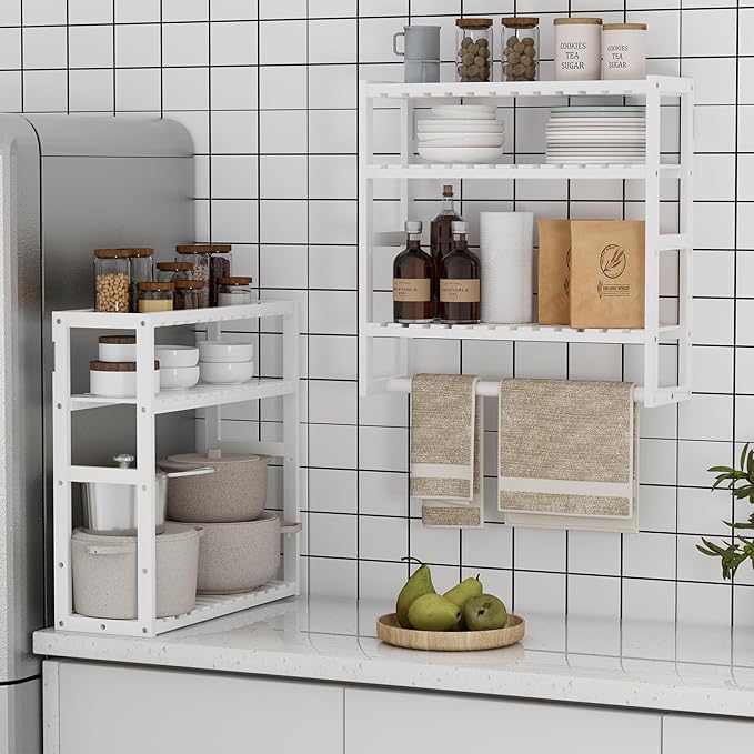 PPN Towel Rack Bathroom Storage Shelves Over The Toilet with Towel Bar 100% Bamboo Adjustable Height Floating Shelf Wall Shower Shelf for Small Space Bathroom Kitchen Multi Usage White New 2Pack
