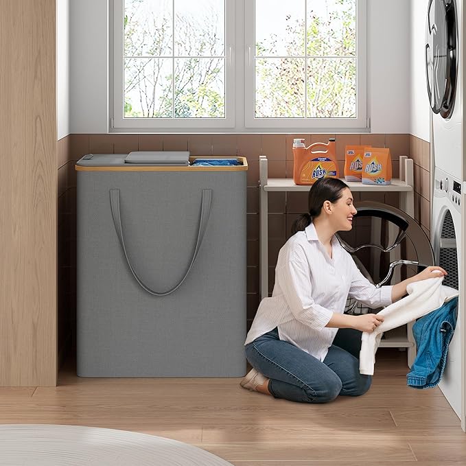 170L Laundry Hamper with Lid 3 Section, Extra Large Laundry Basket with 3 Removable Bags, Laundry Basket Organizer for Bedroom, Laundry Room, Dorm, Clothes Hamper, Grey-NeatNest