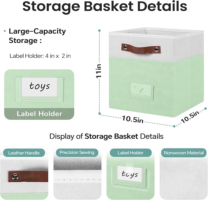 6-Pack Collapsible Fabric Storage Cubes with Handles & Label Holders, Closet Cube Home Organizer Bins (White/Sage Green, 10.5*10.5*11 inch)
