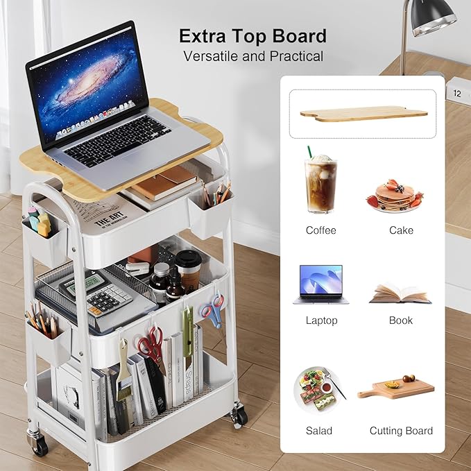 3 Tier Rolling Cart Metal with Wheels and Bamboo Table Top, Art Cart Organizer on Wheels, White Three Tiered Storage Utility Carts for Craft, Baby, Diaper Caddy,Coffee,Kitchen,Cleaning,Office Supplies