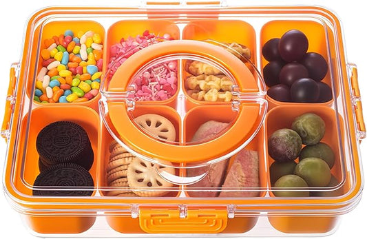 Divided Serving Tray with Lid and Handle - Snackle Box Charcuterie Container for Portable Snack Platters Organizer for Candy, Fruits, Nuts, Snacks - Perfect for Party, Entertaining, Orange-NeatNest