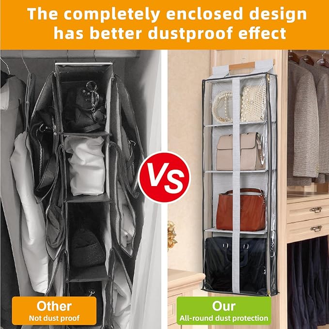 Clear Hanging Handbag Storage Organizer with Zippers, Easy Access Purse,Toy,Yarn,Hat Storage Holder Over The Door Purse Organizer Space Saving 4 Pockets for Closet Bedroom Living Room (Grey)-NeatNest