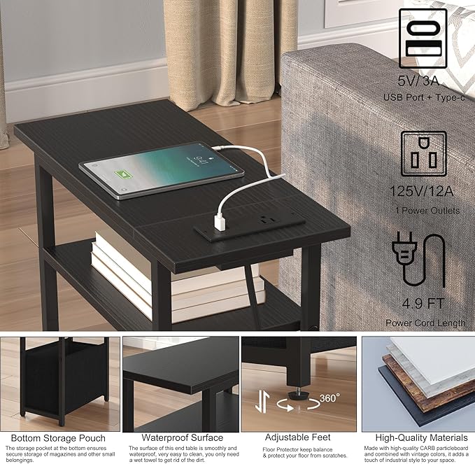 Narrow Side Table with Charging Station Set of 2, Small End Table for Small Spaces, Skinny Nightstands Set 2 with Storage Basket, 3 Tier Sofa Bedside Tables for Living Room,Bedroom, Black