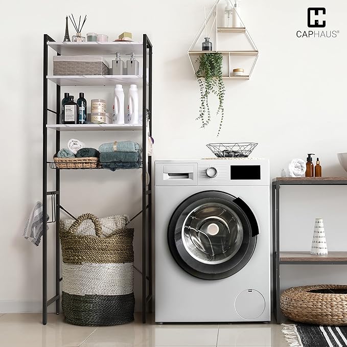 CAPHAUS Over The Toilet Storage, 4-Tier Bathroom Organizer, Freestanding Toilet Shelf, Multifunctional Space Saver Toilet Rack with 4 Hooks, Laundry Organizer, Plant Stand for Balcony (Marble White)-NeatNest