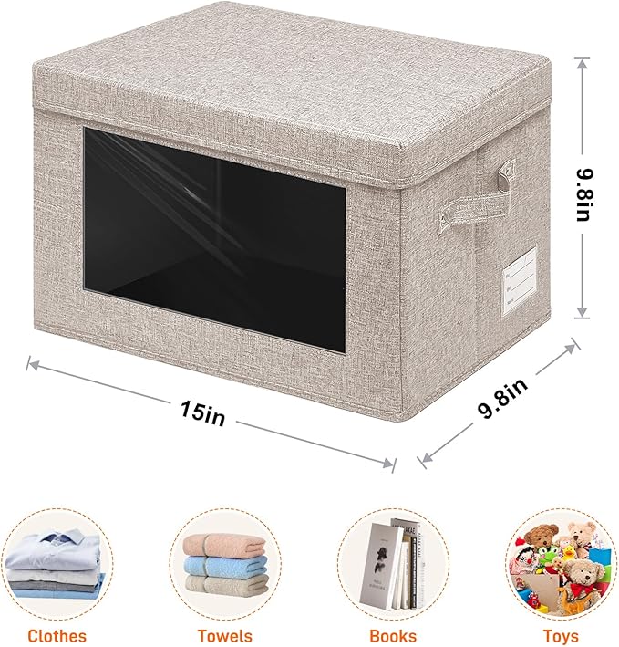 4-Pack Fabric Storage Bins with Lids, Foldable Storage Boxes with Handles & Clear Window, Closet Organizers for Clothes, Books (Oatmeal, 4PCS/14.9 x 9.8 x 9.8 in)-NeatNest