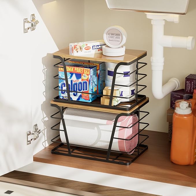 2 Pack Extra Large Stackable Pantry Storage Organizers, Laundry Room Organization, Wall Mount Trash Bag Holder for 13-33 Gallon Bags with Bamboo Top & Garbage Bag Dispenser, Black