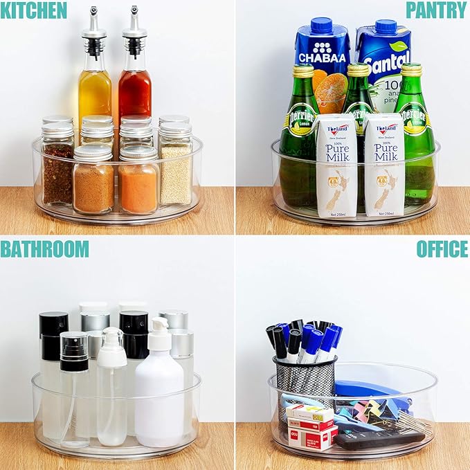 Tiblue Lazy Susan, 2 Pack Round Plastic Clear Rotating Turntable Organization & Storage Container Bins for Cabinet, Pantry, Fridge, Countertop, Kitchen, Spinning Organizer for Spices, Condiments