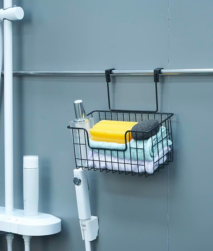 Wire Hanging Storage Basket 2 Packs, Wall Mounted Kitchen Bathroom Storage Basket, Home Multi-Functional, no Punching, Bearing Strong, Suitable for Home, Office,Black