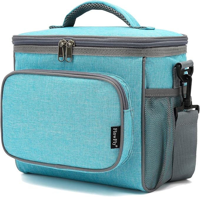FlowFly Insulated Reusable Lunch Bag Adult Large Lunch Box for Women and Men with Adjustable Shoulder Strap,Front Zipper Pocket and Dual Large Mesh Side Pockets,SeaBlue-NeatNest